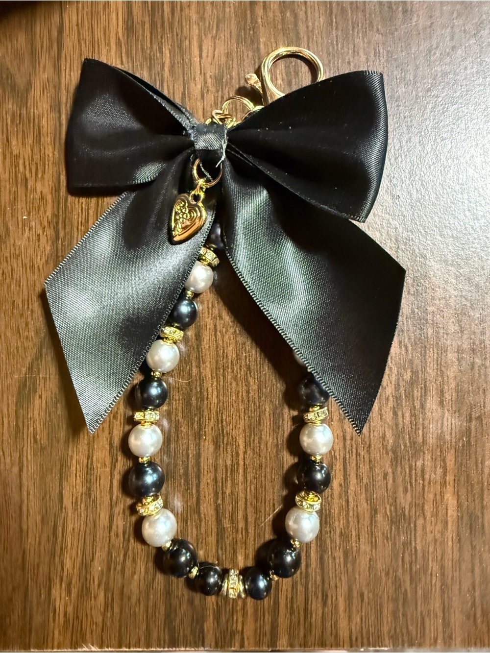 Black Satin Bow Keychain with Pearl & Gold Bead Bracelet